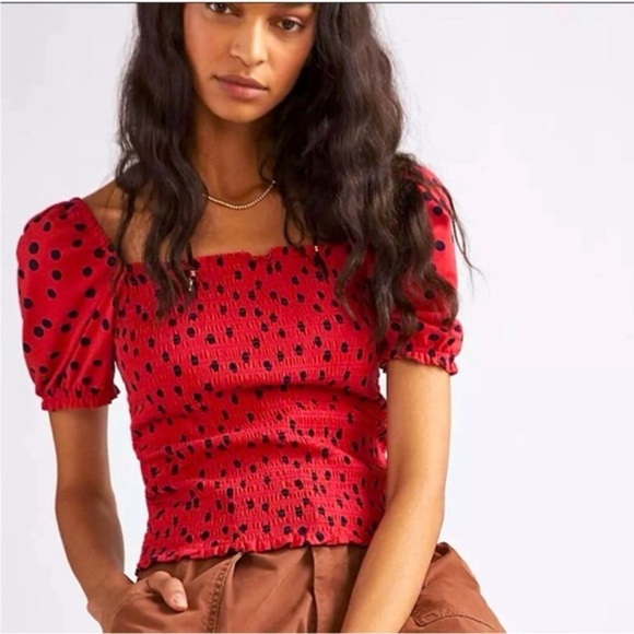 Dolan Left Coast Smocked Puff Sleeve Polka Dot Top - Picture 1 of 6